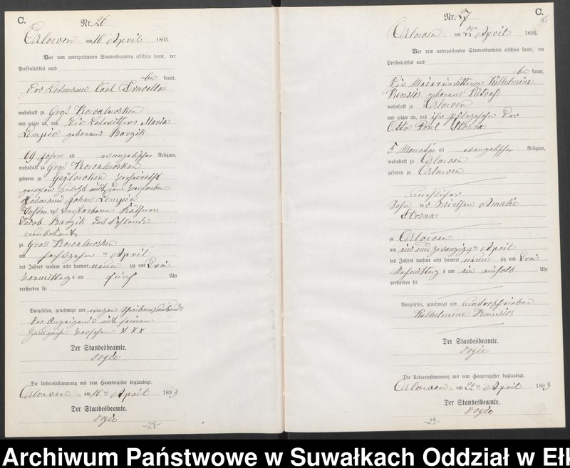 image.from.unit.number "Sterbe-Neben-Register des Preussischen Standes-Amtes Orlowen Kreis Loetzen für das Jahr 1893"