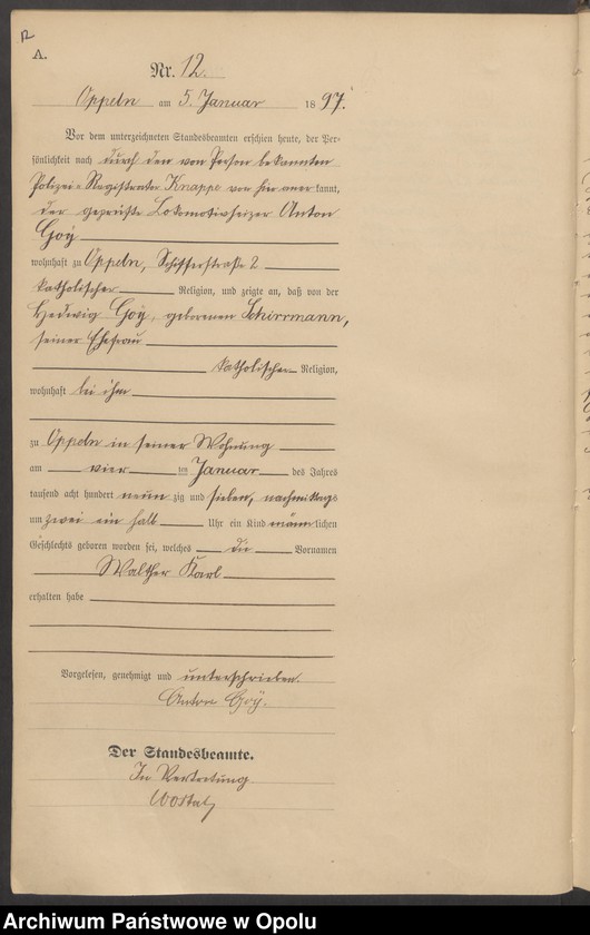 Obraz 16 z jednostki "Urząd Stanu Cywilnego w Opolu 1897 Rejestr Urodzeń Księga Miejscowa Nr 1 do 554"