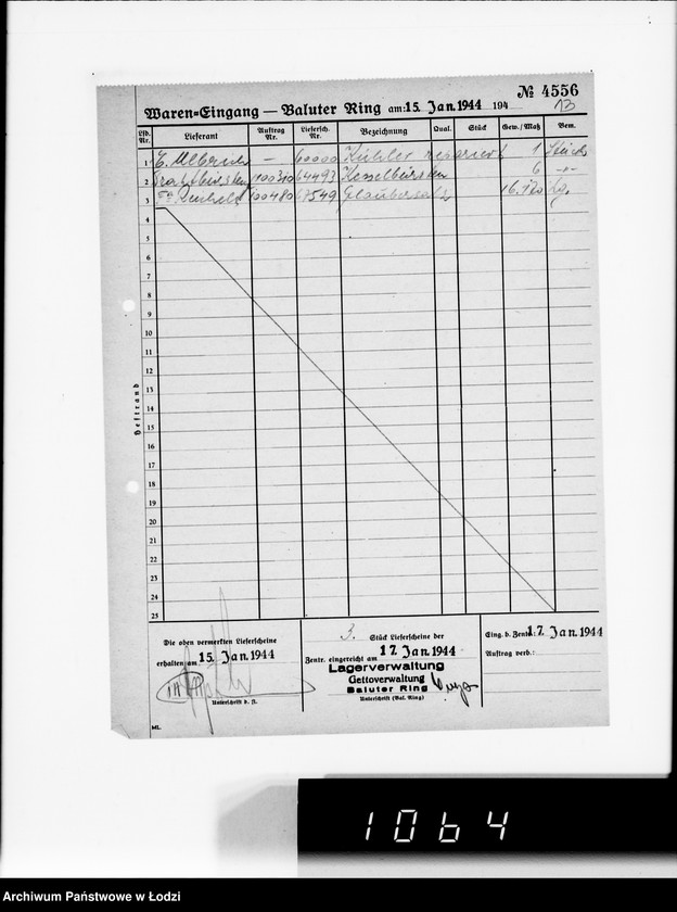 Obraz 17 z jednostki "Waren-Eingang. Baluter Ring [Dzienne zestawienia faktur na towary dostarczane do składów Getta na Bałuckim Rynku]"