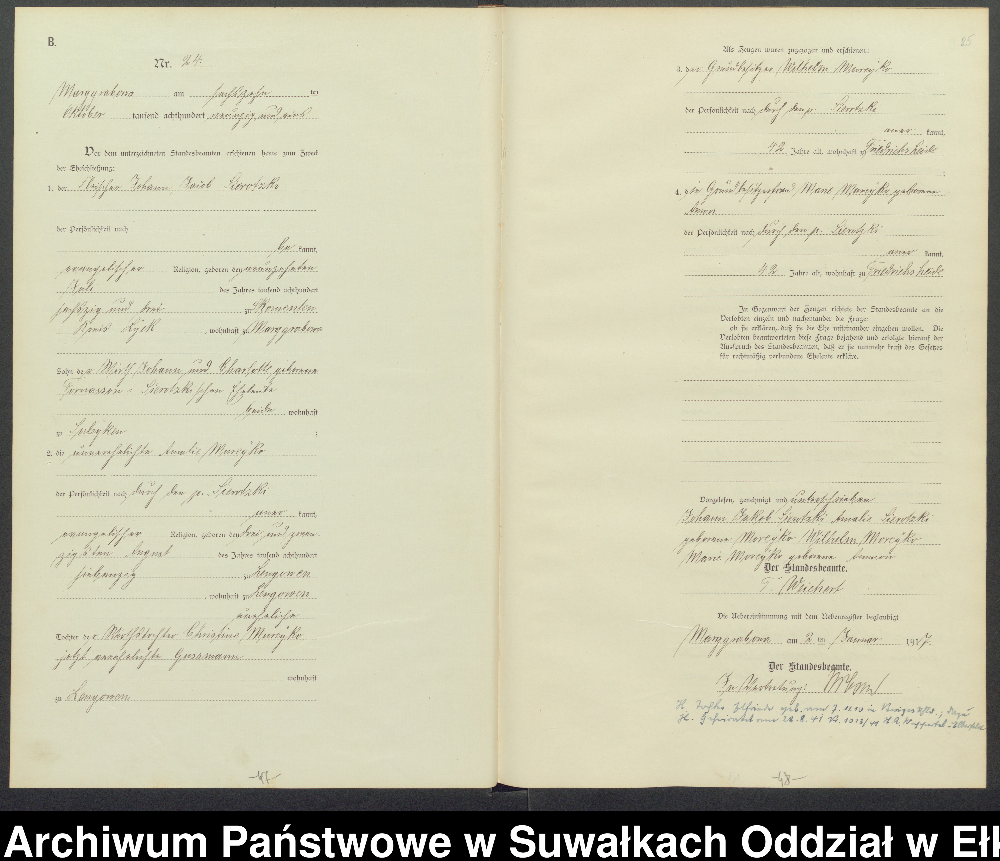 Skan z jednostki: B1.Heiraths-Register (Haupt-Register)Standesamt Marggrabowa Landbezirk vol.I No1 bis 50