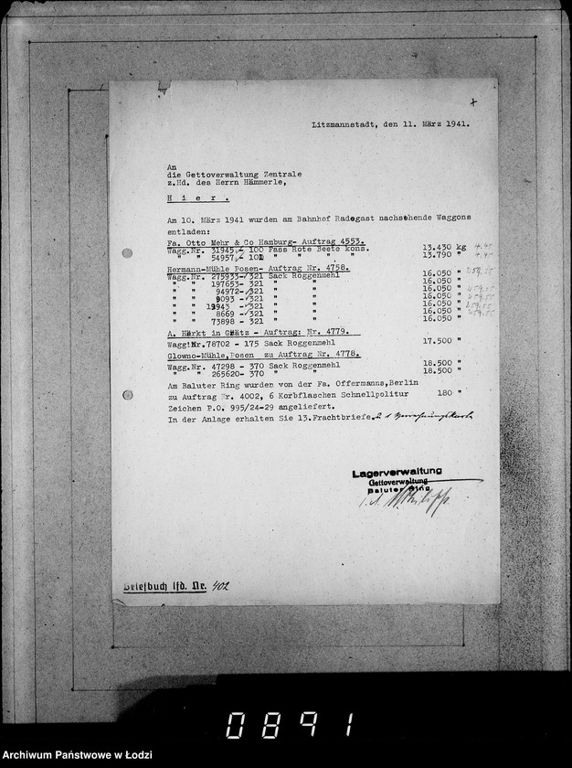 Obraz 11 z jednostki "Ablage [Korespondencja dostawców do Getta dot.wagonowych przesyłek produktów żywnościowych, opału do stacji Radogoszcz]"
