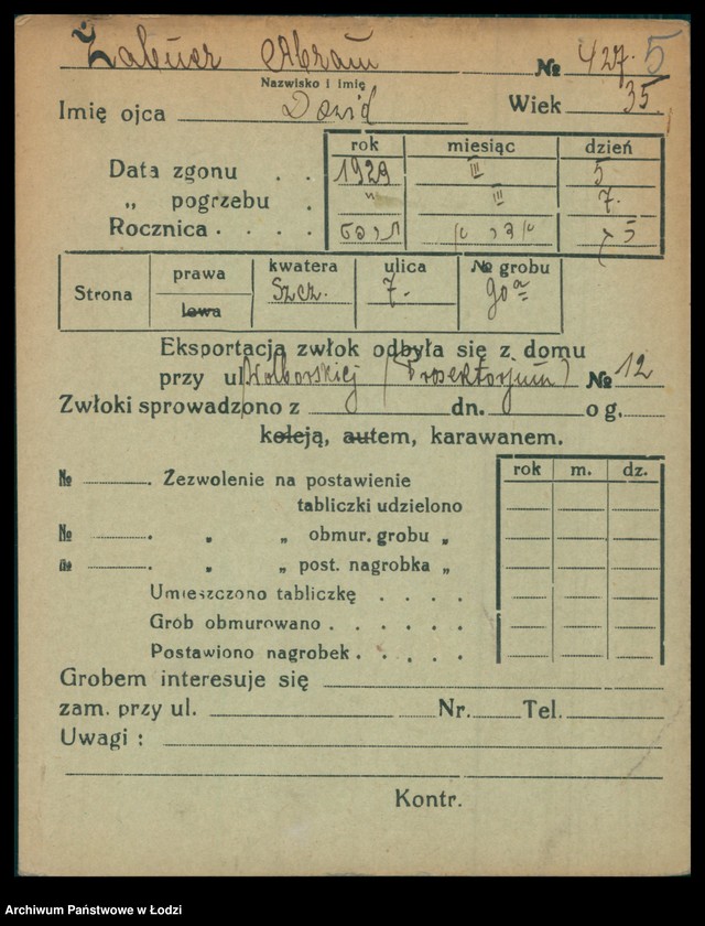 Obraz 6 z jednostki "Kartoteka osób pochowanych na cmentarzu żydowskim przy ulicy Brackiej w latach 1892-1956. Nazwiska na literę Ż"