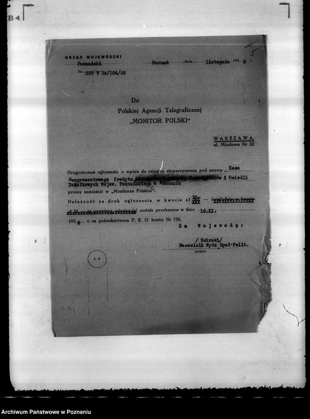 Obraz 9 z jednostki "/ Kasa Bezprocentowego Kredytu Okręgowego Związku Towarzystw Ogrodów i Osiedli Działkowych na województwo poznańskie/"