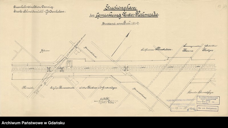 Obraz 1 z jednostki "Eisenbahndirektion Danzig. Strecke Schneidemühl-Güldenboden. Streckenplan Gemarkung Unter-Kerbswalde. Zustand vom Juli 1909"