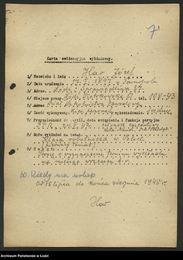 Obraz 19 z jednostki "Karty ewidencyjne wykładowców szkoły partyjnej /A-Z/"