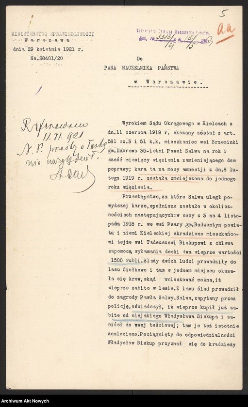 image.from.unit.number "Ułaskawienia z b. Kongresówki - nieuwzględnione, ale najczęściej objęte amnestią, dotyczące zabójstw, pobicia, kradzieży, oszustwa, spraw mieszkaniowych, gorzelnictwa, zniesławienia, zniewagi duchowieństwa i obrządków kościoła rzymsko - katolickiego, wykroczeń funkcjonariusza policji, występowania przeciw służbie wojskowej oraz powtarzania w czasie odwrotu wojska polskiego rzekomych wieści o jego klęskach"