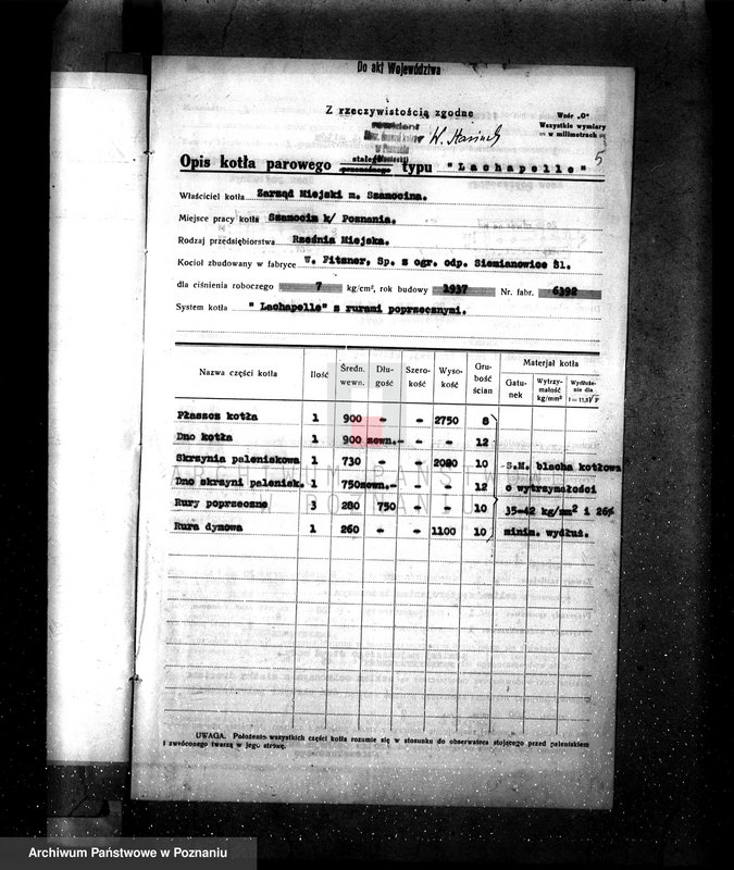 Obraz 9 z jednostki "Zarząd Miejski Szamocin, rzeźnia miejska zatwierdzenie kotła nr fabr.6392, woj. 6835"