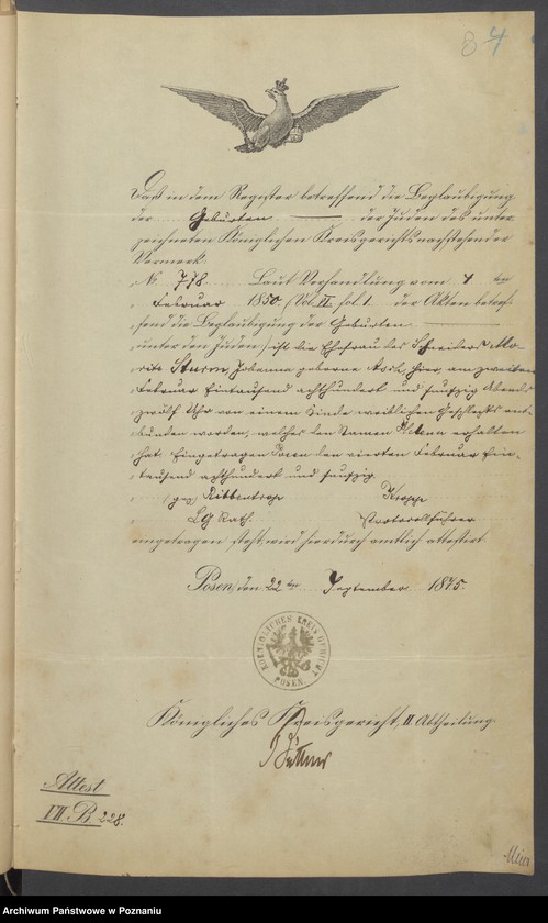 Obraz 9 z jednostki "Die von den Verlobten beigebrachten Urkunden zur Eheschliessung pro 1875"