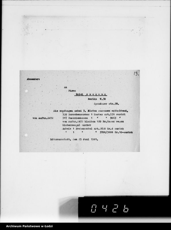 Obraz 17 z jednostki "[Dowody dostawy odzieży dla firmy dla Asmann u.Co.Berlin"