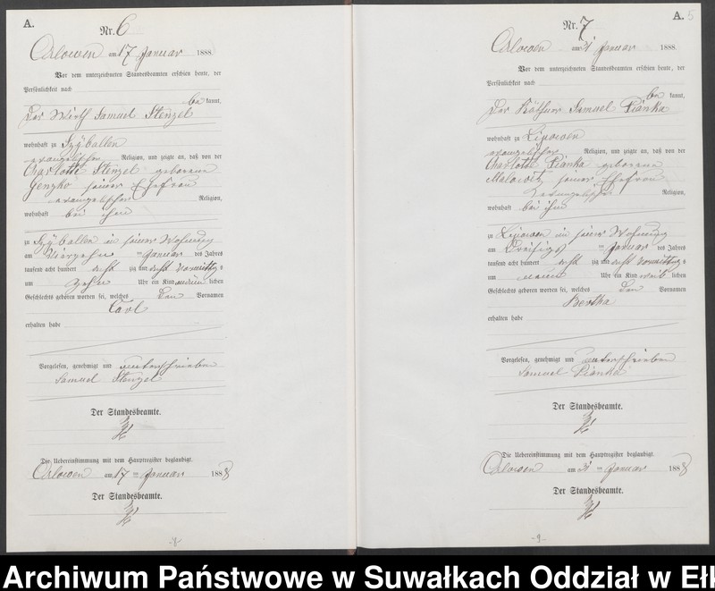 image.from.unit.number "Geburts-Neben-Register des Preussischen Standes-Amtes Orlowen Kreis Loetzen für das Jahr 1888"