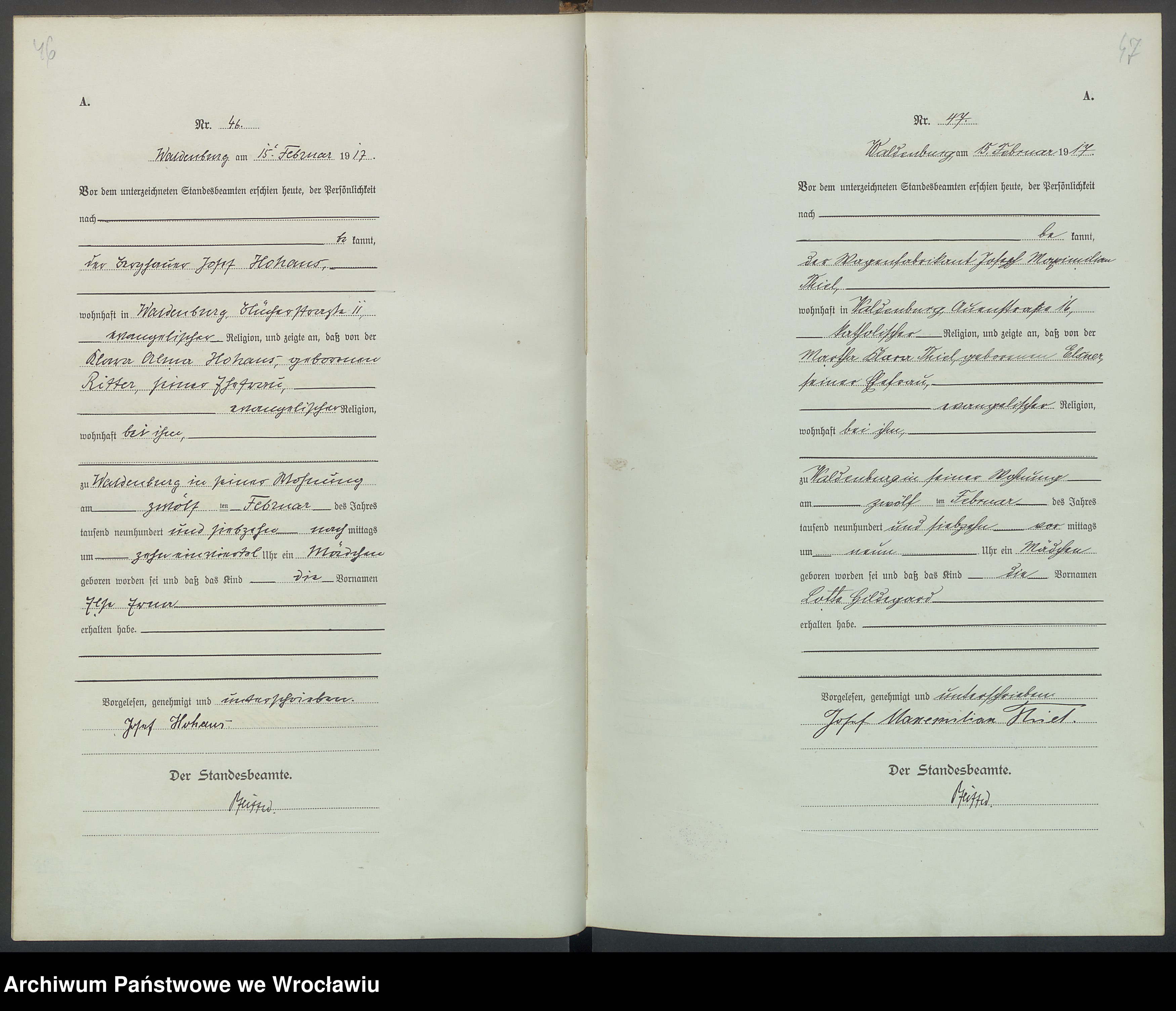 Skan z jednostki: Geburts Haupt Register Standesamt Waldenburg 1917