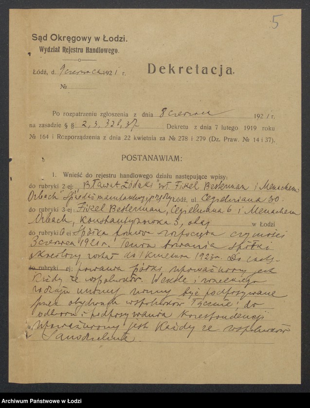 Obraz 7 z jednostki "Fiszel Besterman, Menachem Orbach- "Bławat Łódzki"- sprzedaż manufaktury i przędzy"