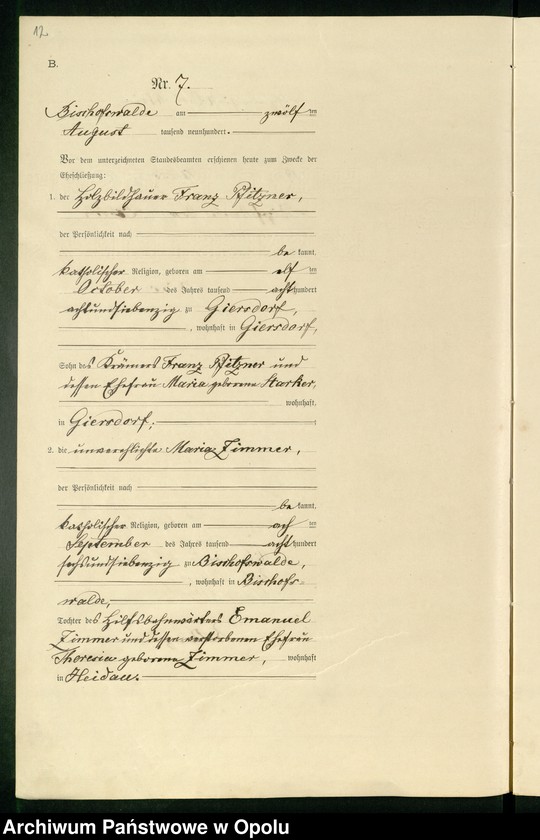 Obraz 16 z jednostki "Heiraths-Haupt-Register des Standsamts Bischofswalde pro 1900"