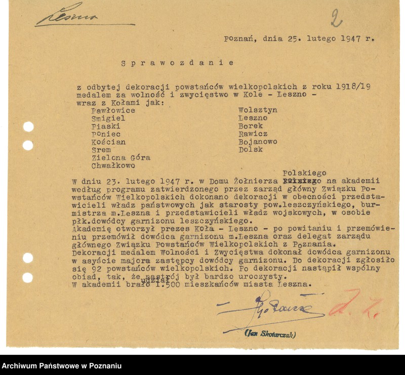 Obraz 5 z jednostki "Współdziałanie Zarządu Głównego Związku Powstańców Wielkopolskich z kołami: 1. Leszno [1947] 2. Łowyń [1946] 3. Margonin [1946-1948] 4. Miejska Górka [1949] 5. Mieszków [1946-1947] 6. Międzychód [1946-1948] 7. Mogilno [1946-1947] 8. Mosina [1946] 9. Mrocza [1947] 10. Nakło [1945-1949] 11. Oborniki [1947] 12. Osieczna [1948] 13. Ostrów Wielkopolski [1946-1947] 14. Piaski [1948] 15. Pleszew [1947-1948] 16. Podolin [1947-1948]"
