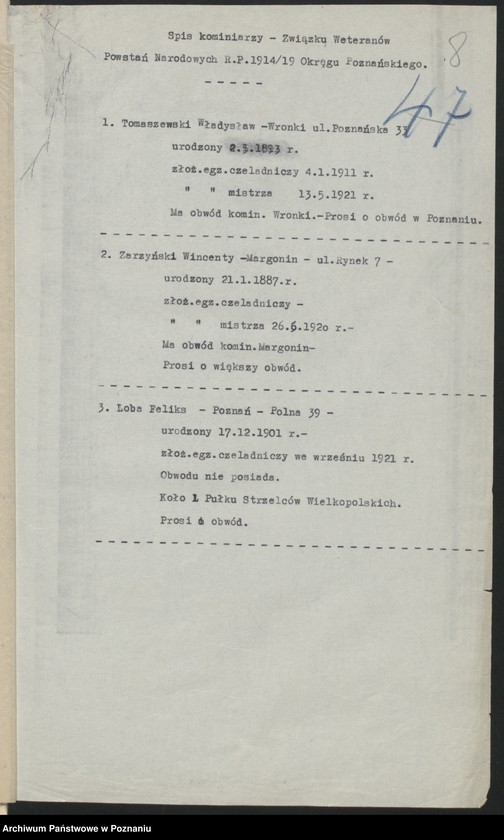Obraz 11 z jednostki "Korespondencja [spis bezrobotnych członków Związku Powstańców Wielkopolskich."