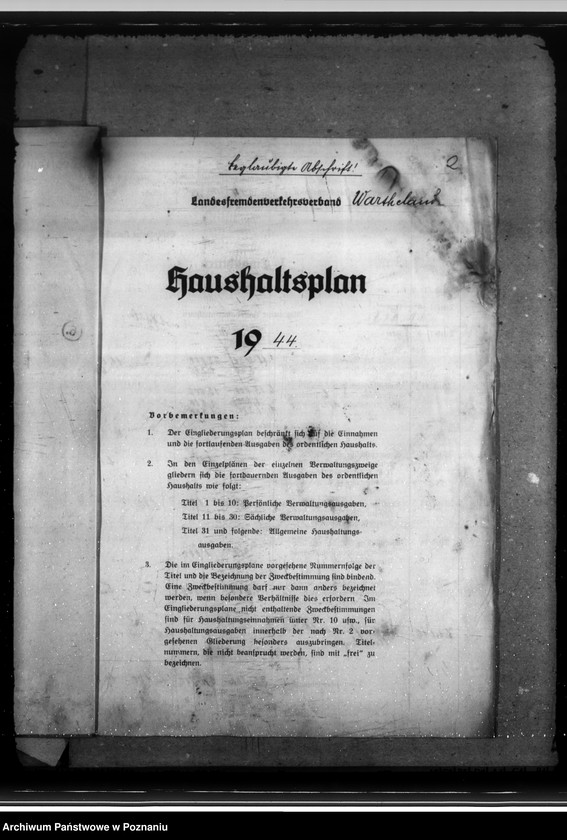 Obraz 6 z jednostki "Haushaltsplan 1944. Landesfremdenverkehrsverband - Reichsgau Wartheland"
