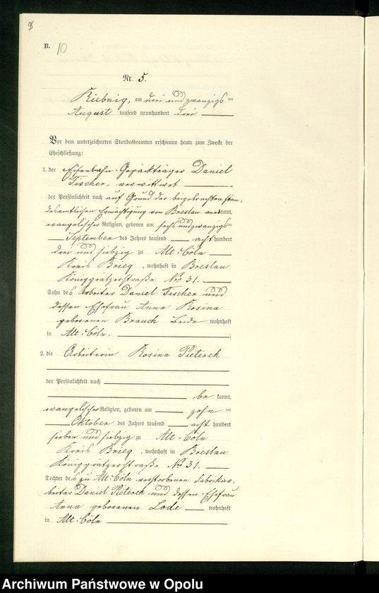 Obraz 13 z jednostki "Heiraths-Neben-Register Standes-Amt Riebnig 1903"