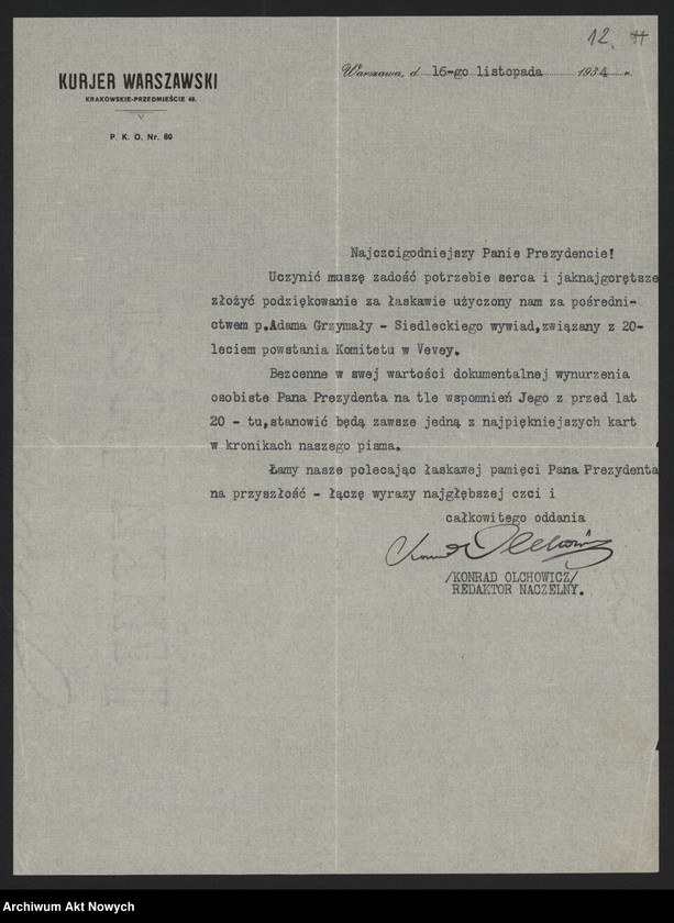 image.from.unit.number "Olchowicz Konrad (redaktor naczelny "Kuriera Warszawskiego"); Załączniki: telegramy do M. Borzęckiego i J. Piątkowskiej - Lübke; L.24 (odpowiedzi - rękopisy, maszynopisy)"