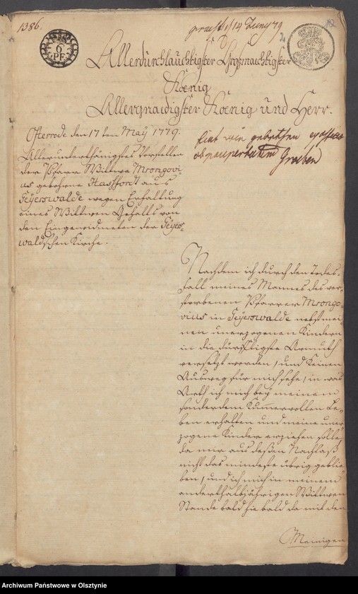 image.from.unit.number "In S. [Sachen] der Pfarr=Wittwe Mrongovius zu Geyerswalde [Gierzwałd] wegen ihres Wittwen=Gehalts"