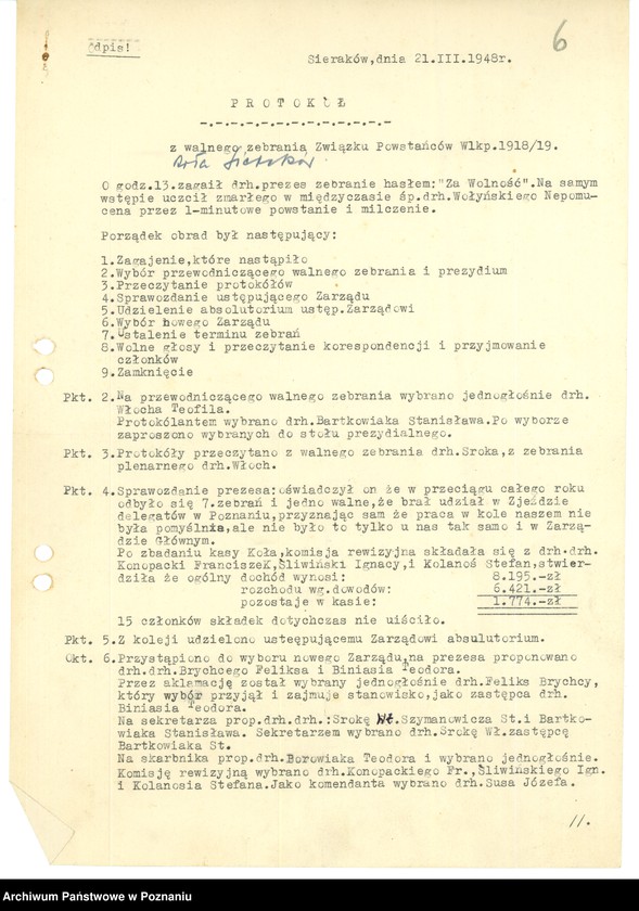 Obraz 9 z jednostki "Współdziałanie Zarządu Głównego Związku Powstańców Wielkopolskich z kołami: 1. Ryczywół [1949] 2. Sieraków [1947-1948] 3. Słupia Kapitulna [1947] 4. Słupsk [1948-1949] 5. Starogard [1947-1948] 6. Stęszew [1947] 7. Sulęcin [1947-1948] 8. Swarzędz [1946-1949] 9. Szamotuły [1947-1949] 10. Szczecin [1946-1949] 11. Śmigiel [1946-1949] 12. Śrem [1947-1949]"