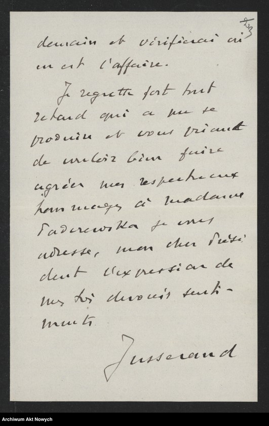 Obraz 5 z jednostki "Jusserand Jean Jules (historyk, dyplomata); Załączniki: charakterystyki i życiorysy F. E. Fronczaka, T. A. Starzyńskiego, J. F. Smulskiego, K. Żychlińskiego, N. L. Piotrowskiego; L.6 (odpowiedzi - maszynopisy)"