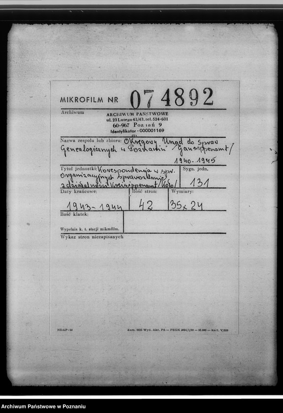 Obraz 2 z jednostki "[Korespondencja w sprawach organizacyjnych, sprawozdanie z działalności], Kreissippenamt Warthbrücken [Koło]"