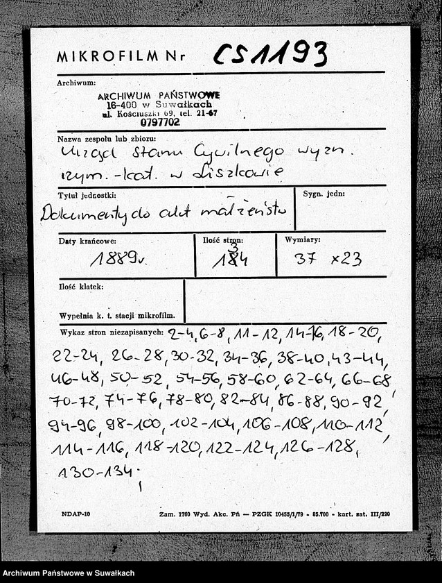 Obraz 2 z jednostki "Dokumenty k aktam brakošočetavšichsja Liškovskago Rimsko- katoličeskago Prichoda za 1889 god"