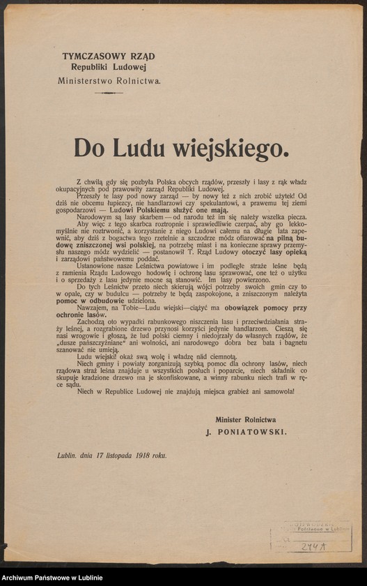Obraz 16 z kolekcji "Tymczasowy Rząd Ludowy Republiki Polskiej w Lublinie - próby organizacji polskiej państwowości w przededniu odzyskania niepodległości111"