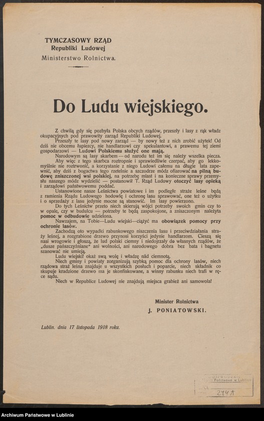 Obraz 16 z kolekcji "Tymczasowy Rząd Ludowy Republiki Polskiej w Lublinie - próby organizacji polskiej państwowości w przededniu odzyskania niepodległości"