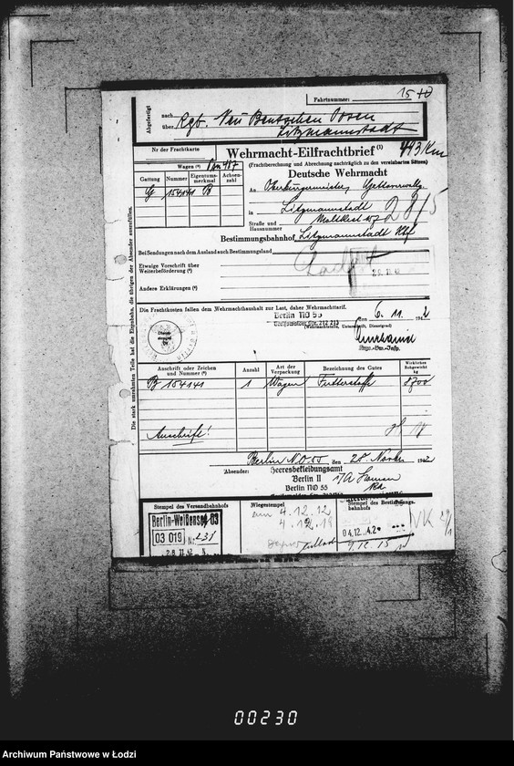 Obraz 19 z jednostki "Frachtbriefe [Kolejowe listy przewozowe różnych towarów do Getta w Łodzi]"