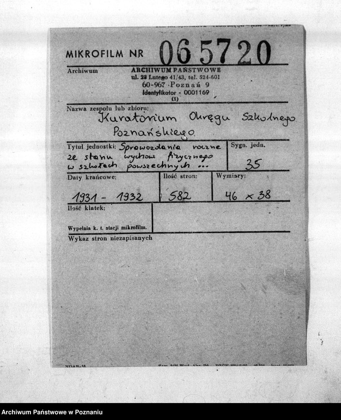 Obraz 2 z jednostki "[Sprawozdania roczne ze stanu wychowania fizycznego w szkołach powszechnych nadesłane przez Inspektoraty Szkolne: Poznań- miasto, Poznań- powiat, Rawicz, Śrem, Środa, Szamotuły, Szubin, Wągrowiec, Wolsztyn, Września, Wyrzysk, Żnin]"