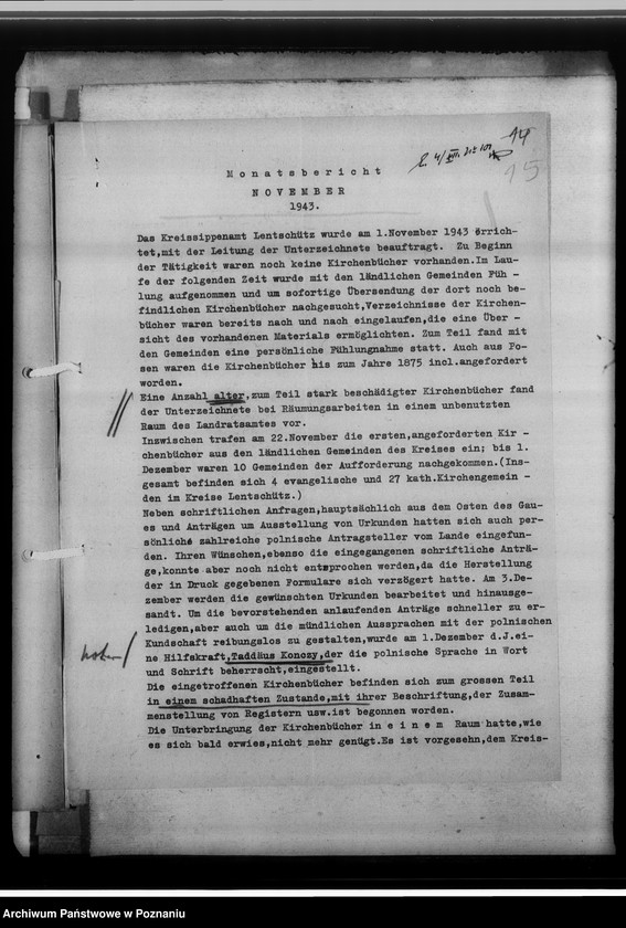 Obraz 19 z jednostki "[Korespondencja w sprawach organizacyjnych, sprawozdanie z działalności, Kreissippenamt Lentschütz Łęczyca, województwo łódzkie]"