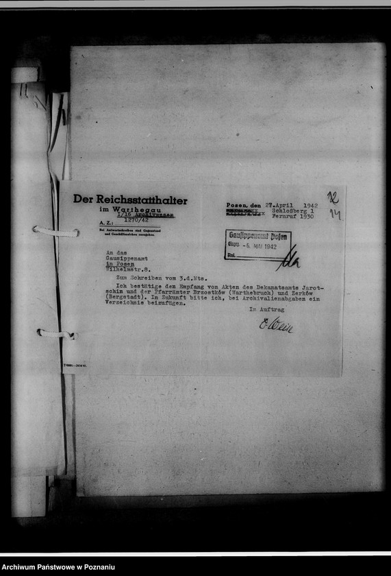 Obraz 18 z jednostki "[Korespondencja w sprawie przekazywania ksiąg kościelnych z Gausippenamt w Poznaniu do Reichsarchiv w Poznaniu]"