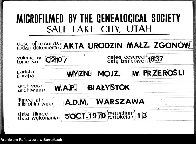image.from.unit.number "Akta Urzędnika Stanu Cywilnego Parafii Przerośl Starozakonnych, Urodzonych, Zmarłych i Zaślubionych na 1837 rok"