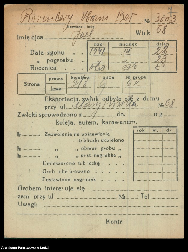 Obraz 8 z jednostki "Kartoteka osób pochowanych na cmentarzu żydowskim przy ulicy Brackiej w latach 1892-1954. Nazwiska na litery: Rozenbe-Rozenf"