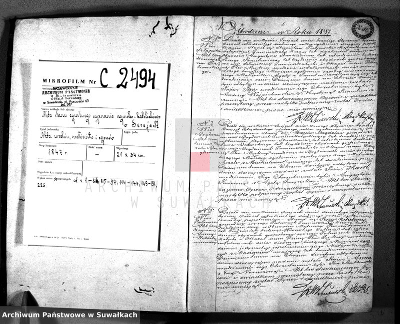 image.from.unit.number "Księga duplikat z roku 1847 zawierająca akta urodzonych, zaślubionych i umarłych parafii katolickiej Sereje Przeznaczona do Archiwum Sądu pokoju powiatu seyneńskiego"