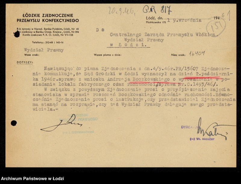 Obraz 3 z jednostki "[Korespondencja w sprawie reprywatyzacji urządzeń biurowych Fabryki Termometrów oraz lokalu fabrycznego w Łodzi ul. Dowborczyków 37]"