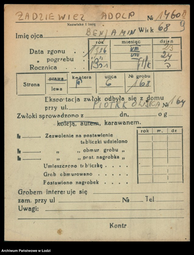 Obraz 10 z jednostki "Kartoteka osób pochowanych na cmentarzu żydowskim przy ulicy Brackiej w latach 1892-1956. Nazwiska na literę Ż"