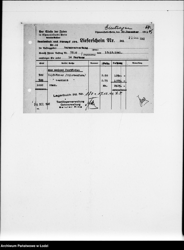 Obraz 19 z jednostki "Handschuh-u.Strumpf-Abteilung. [Świadectwa dostaw z Getta]"
