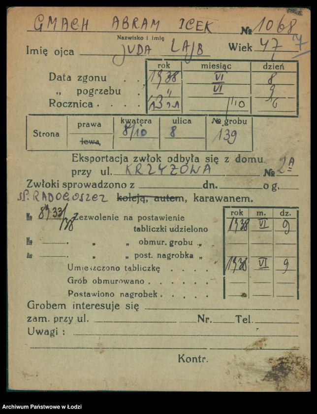 Obraz 8 z jednostki "Kartoteka osób pochowanych na cmentarzu żydowskim przy ulicy Brackiej w latach 1892-1955. Nazwiska na litery: Gl-Goldbe"