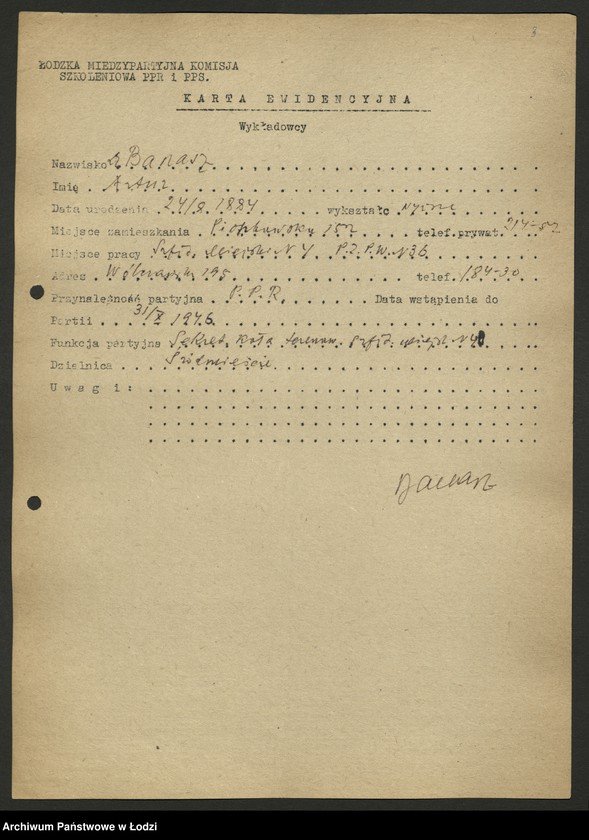 Obraz 4 z jednostki "Karty ewidencyjne wykładowców szkoły partyjnej /A-Z/"