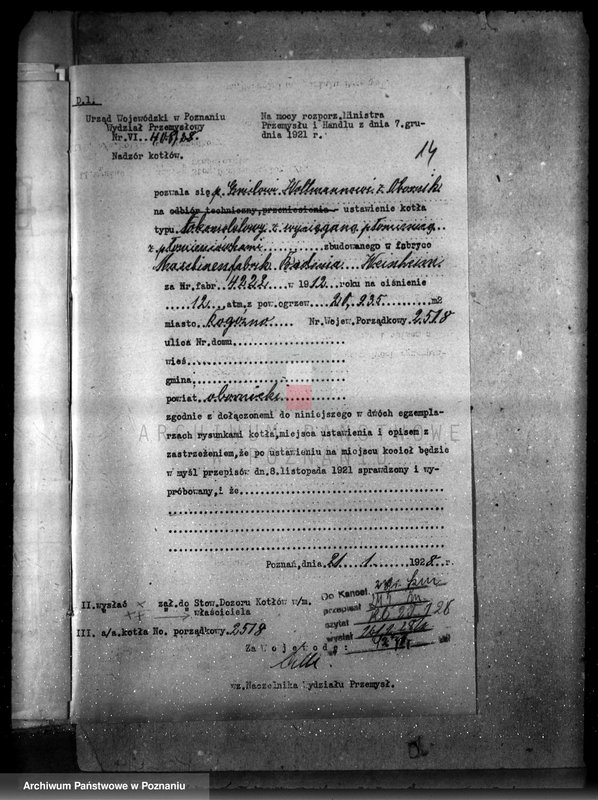 Obraz 19 z jednostki "Tartak parowy Emil Woltmann i Ska. w Rogoźnie pow. obornicki nr woj. kotła 2518"