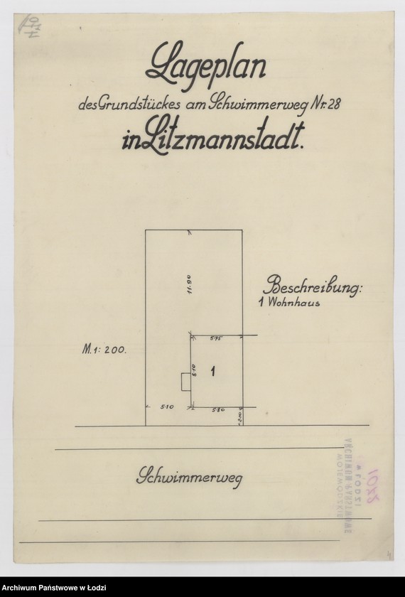Obraz 1 z jednostki "Lageplan des Grundstückes an der Schwimmerweg Nr 28 in Litzmannstadt"