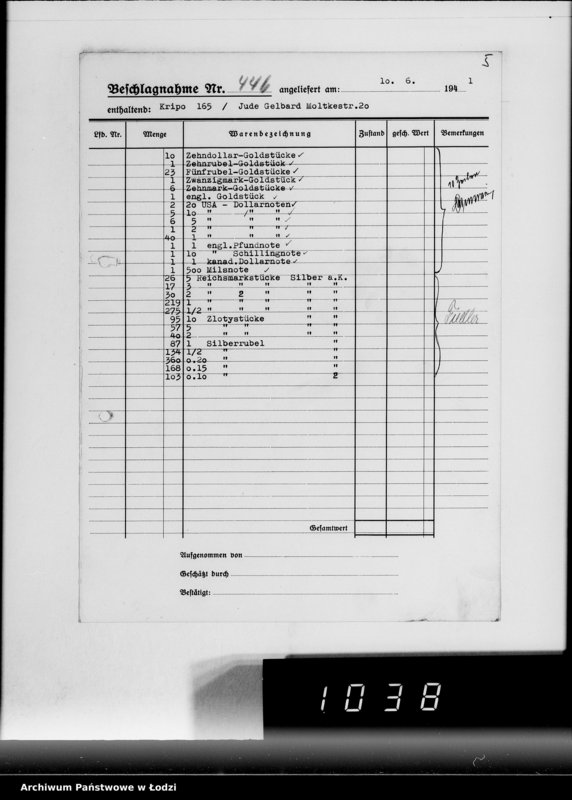 Obraz 10 z jednostki "Kripo.Unterlagen 200-450 [Kartoteka skonfiskowanego majątku ruchomego u Żydów]"