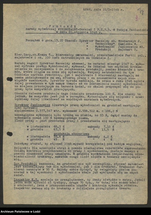 Obraz 19 z jednostki "Państwowe Zakłady Przemysłu Bawełnianego Ruda Pabianicka; protokoły z narad zakładowych, raporty dzienne o wykonaniu planu produkcji"