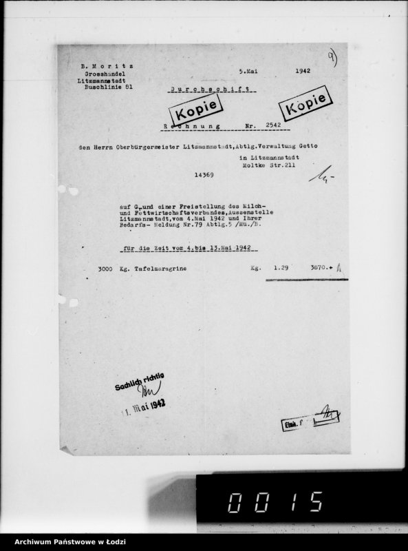 Obraz 13 z jednostki "Aufträge [Lieferscheinen und Rechnungen] 13800-13850.[i od 14351 do 14370]. [Dostawa artykułów pierwszej potrzeby do Getta]"