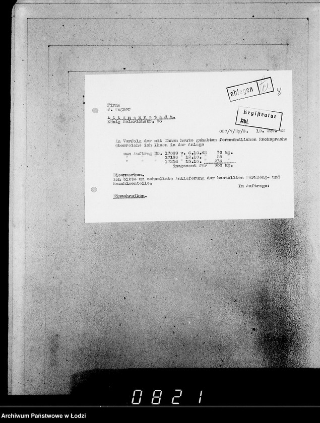 Obraz 13 z jednostki "[Korespondencja z urzędami, instytucjami i firmami]. Lit.Wa-Weg."