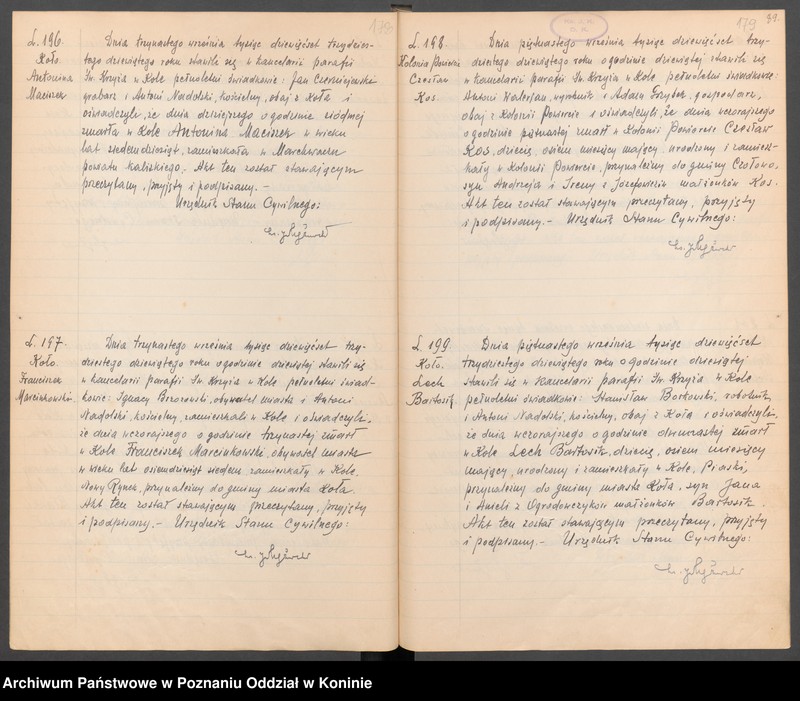 Obraz 6 z kolekcji "Akta zgonów zabitych i zmarłych ofiar bombardowania w Kole w dniu 2 września 1939 r.111"