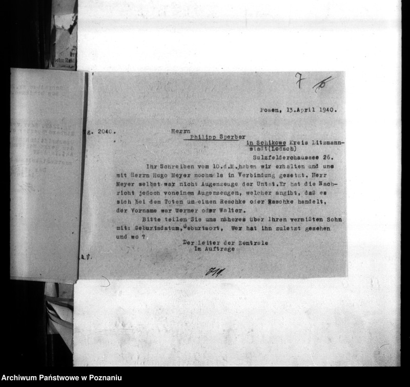 Obraz 11 z jednostki "Weiterleitung von Vermisstenmeldungen an die Regierung Posen, Abteilung Ia (Poznań)"