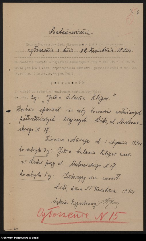 Obraz 8 z jednostki "Juda Szlama Kliger- drobna sprzedaż na raty towarów wełnianych i półwełnianych krajowych"